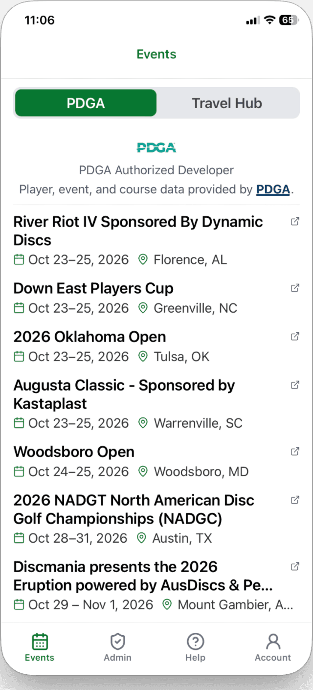 Disc Golf Travel Hub showing a list of upcoming PDGA events