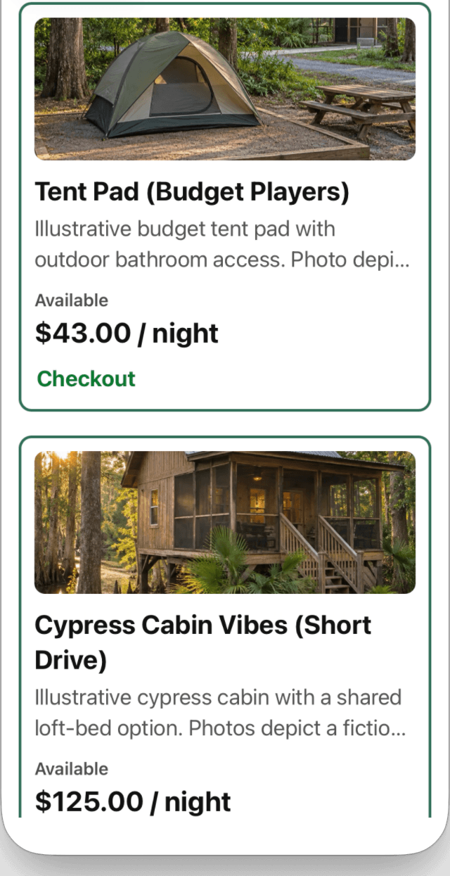 Disc Golf Travel Hub showing bookable travel accommodation listings